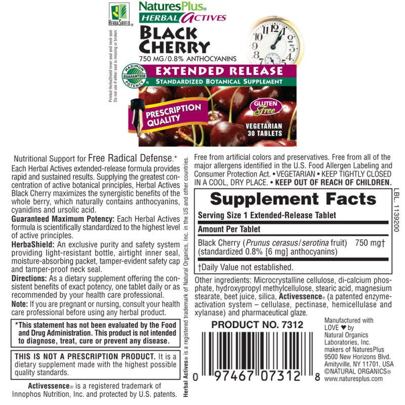 ВИШНА / BLACK CHERRY Herbal Actives – 750mg x 30 таблетки