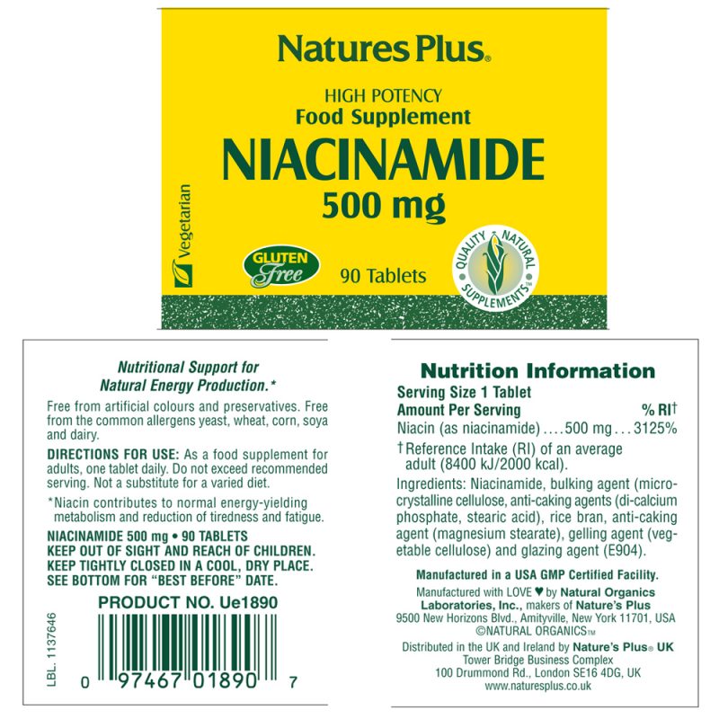 Витамин Б-3 (НИАЦИН / NIACIN) Natures Plus – 500mg x 90 таблетки