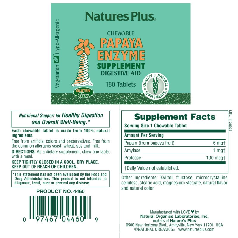 ПАПАИН/PAPAYA Natures Plus – 6mg x 180 таблетки