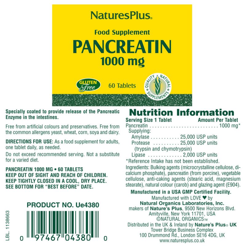 ПАНКРЕАТИН / PANCREATIN NaturesPlus – 1000mg x 60 таблетки