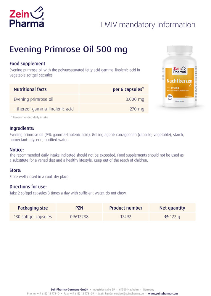 ВЕЧЕРНА ИГЛИКА / PRIMROSE OIL ZeinPharma 500 mg х 180 софтгел