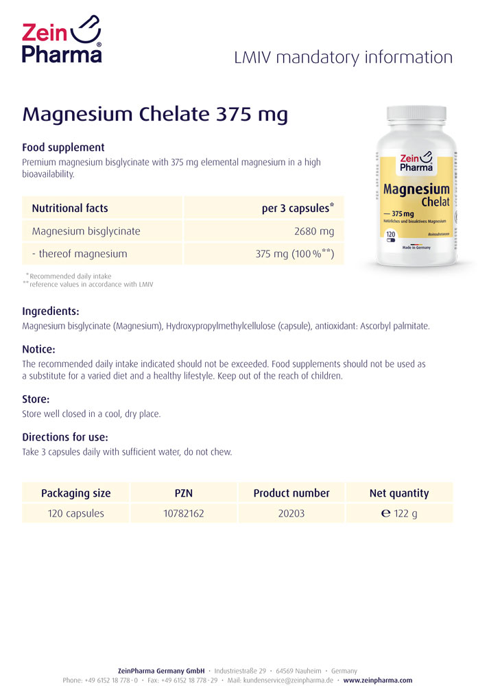 МАГНЕЗИЙ Хелат / MAGNESIUM Chelate ZeinPharma 375mg х 120 капсули