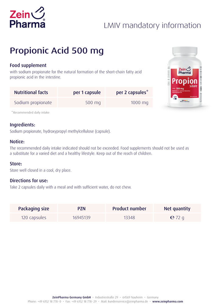 ПРОПИОНОВА КИСЕЛИНА / PROPIONIC ACID ZeinPharma 500 mg x 120 капсули